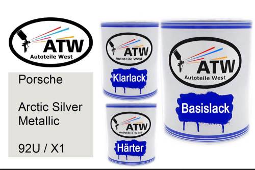 Porsche, Arctic Silver Metallic, 92U / X1: 1L Lackdose + 1L Klarlack + 500ml Härter - Set, von ATW Autoteile West.